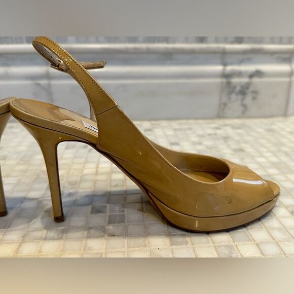 Jimmy Choo Women Peep Toe Nude Patent Leather Platform Slingback Heels - Picture 9 of 14